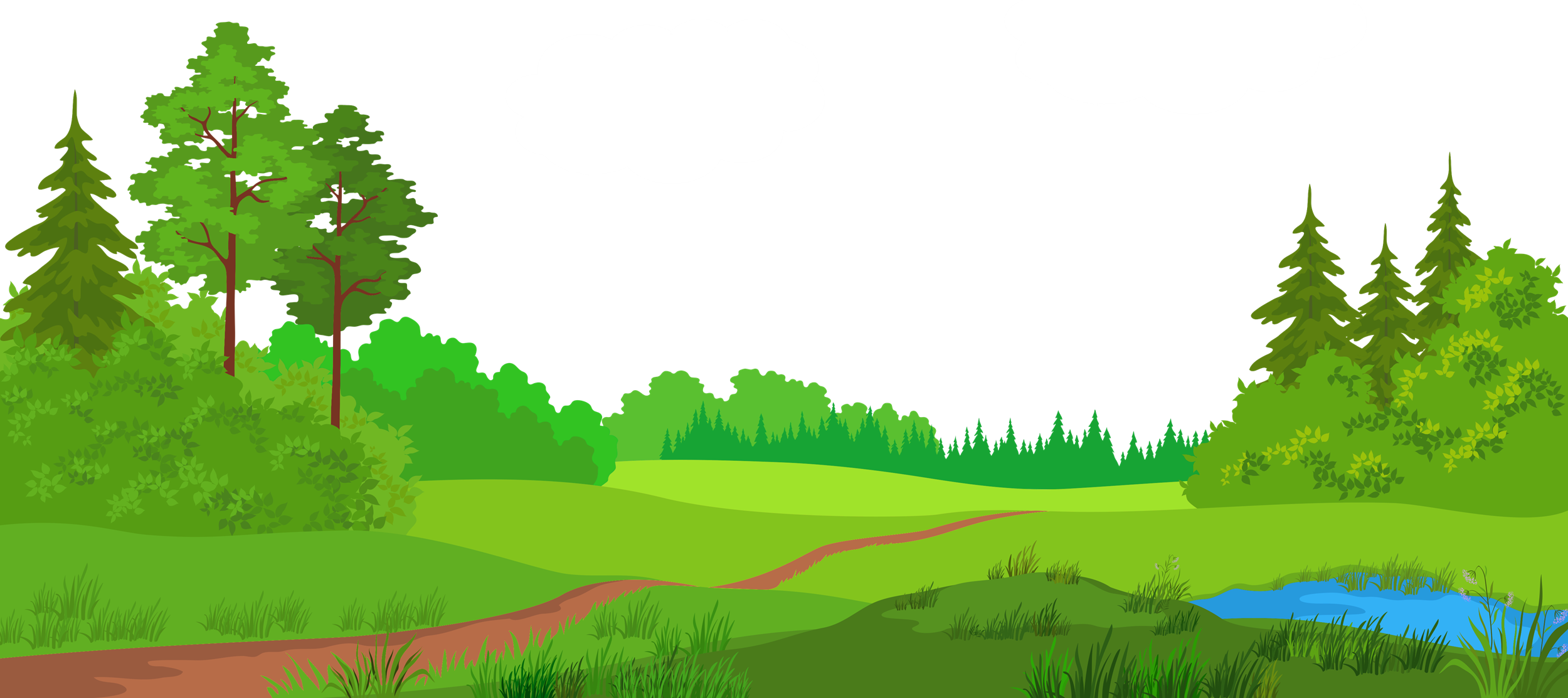 a clipart scene of trees and a trail and river