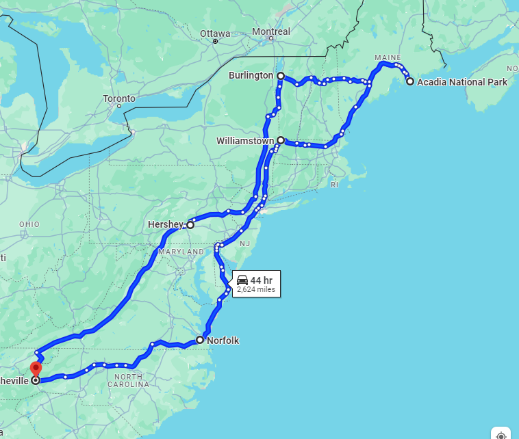 Map of road trip to Acadia National Park