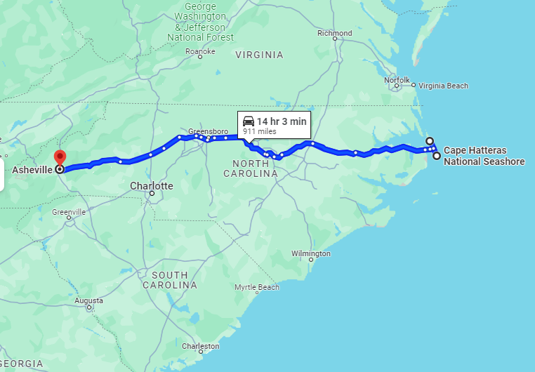 Map of road trip to Cape Hatteras National Seashore