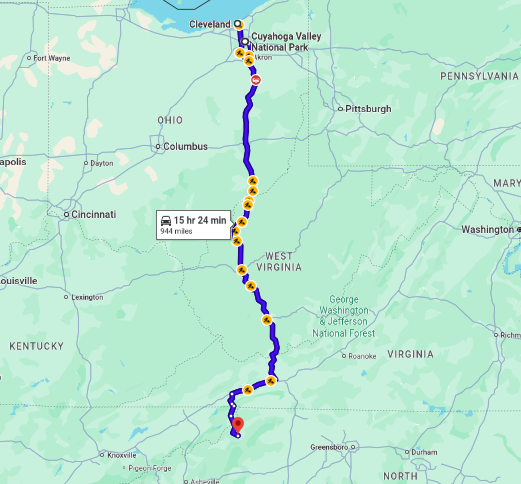 Map of road trip to Cleveland and Cuyahoga Valley National Park