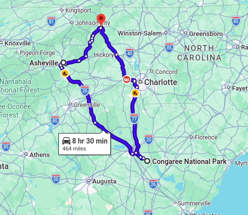 Map of road trip to Congaree National Park