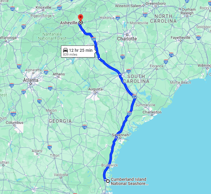 Map of road trip to Cumberland Island National Seashore