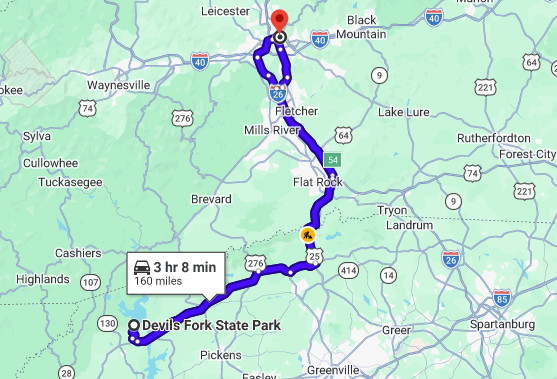Map of road trip to Devils Fork SC State Park