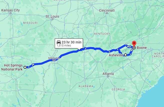 Map of road trip to Hot Springs National Park