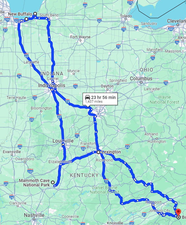 Map of road trip to Mammoth Caves National Park and Indiana Dunes National Park