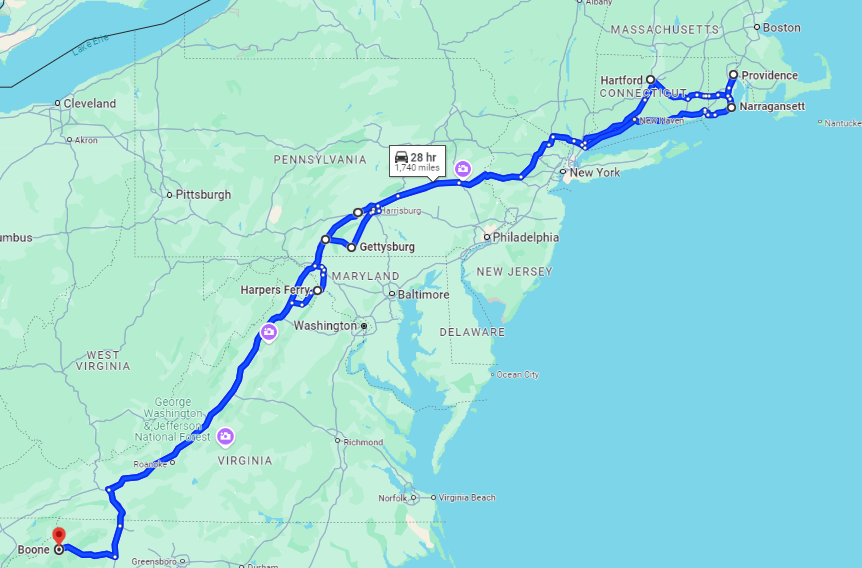 Map of road trip to Harpers Ferry Historic National Park and Conneticut and Rhode Island