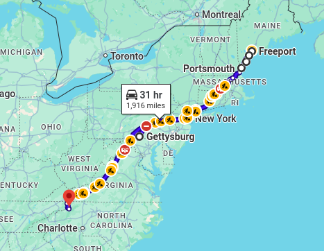 Map of road trip to Harpers Ferry Historic National Park, Portland, ME; Kennebunk, ME; Portsmouth, NH; Gettysburg National Historic Park