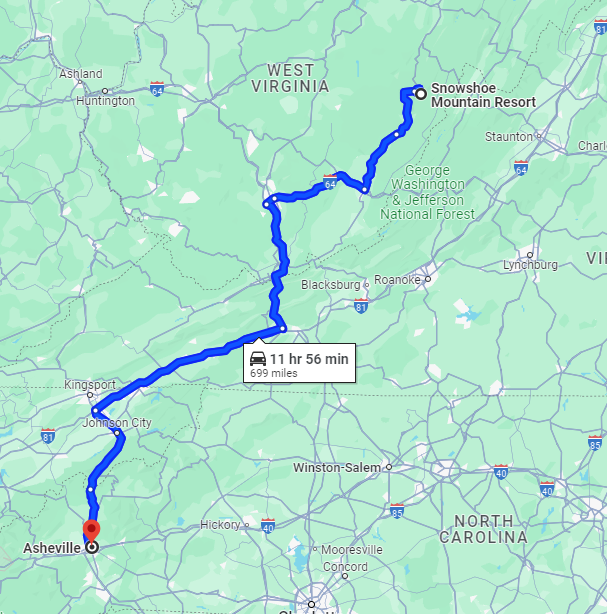 Map of road trip to Snowshoe Ski Resort