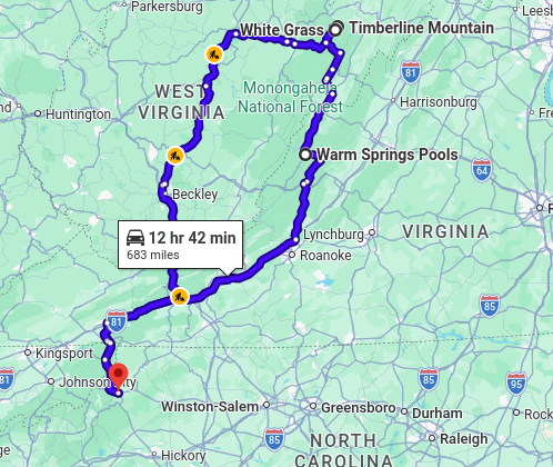 Map of road trip to Timberline Mountain and Jefferson Pools @ Homestead